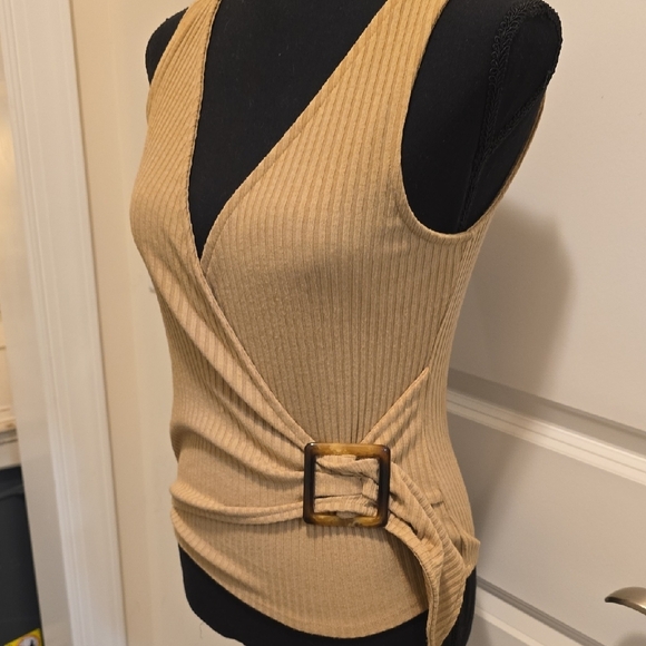 Express Camel Ribbed Wrap Tank Top - Picture 2 of 5